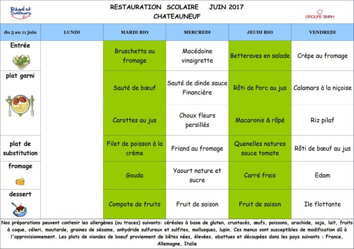 Menu cantine scolaire du 05 au 11.06.2017